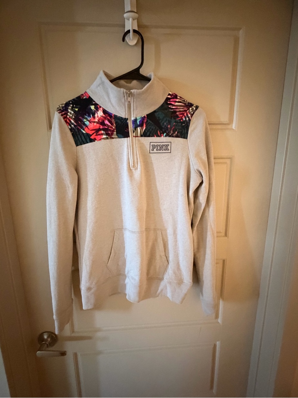 PINK Quarter-Zip Pullover with Tropical Accent - Cream